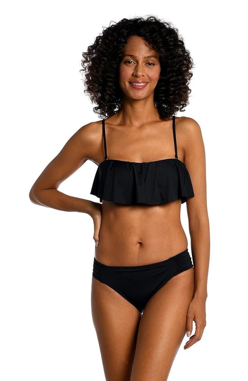 La Blanca Island Goddess Black Ruffle Bandeau Bra Bikini Swimsuit Top Size 16